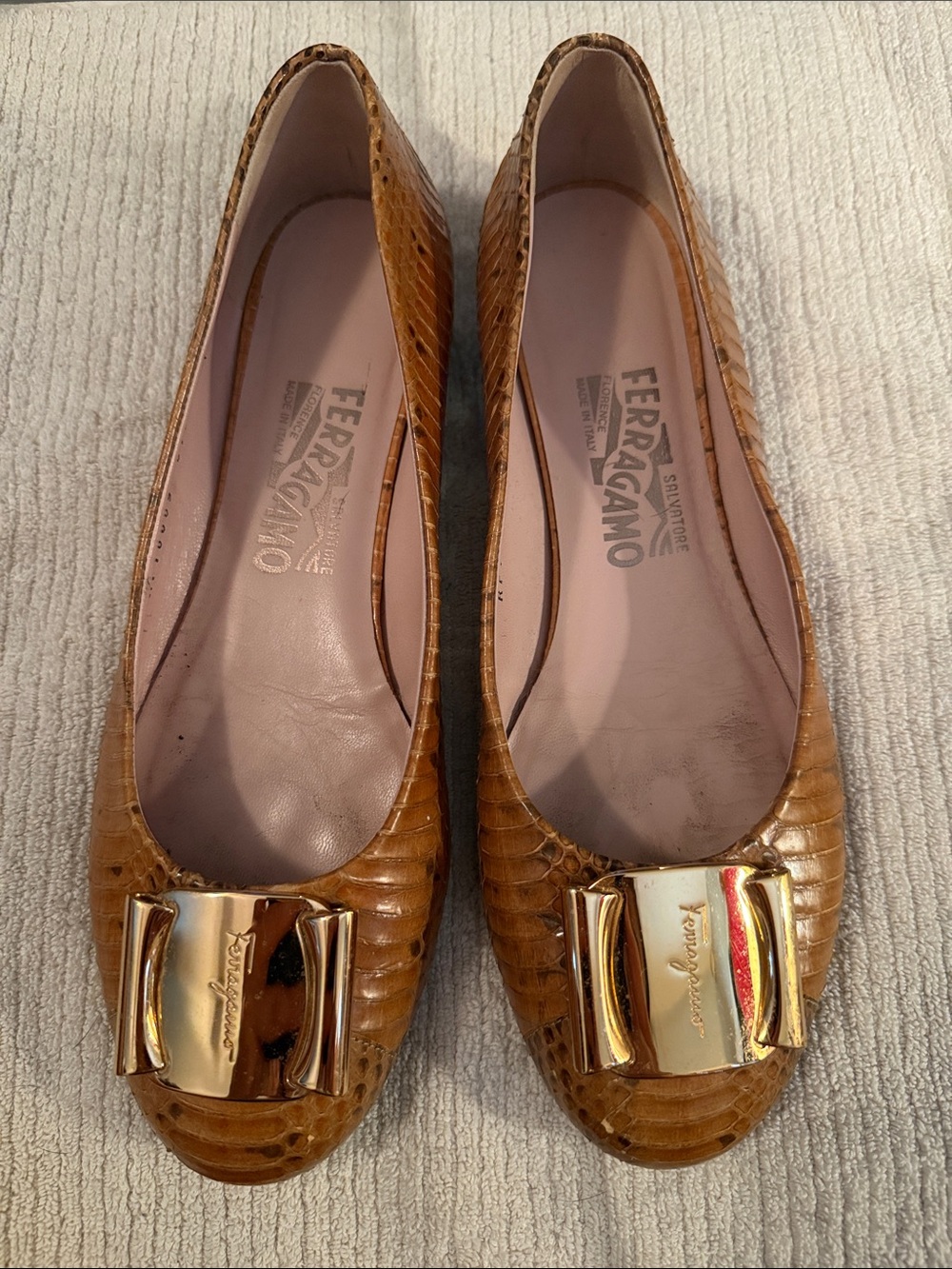 Salvatore Ferragamo Brown Snakeskin Leather Vara Bow Flats with Gold Hardware